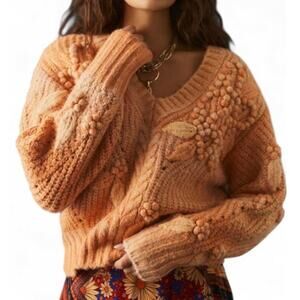 Anthropologie Bauble V-Neck Chunky Knit Pom-Pom Floral Sweater XL
